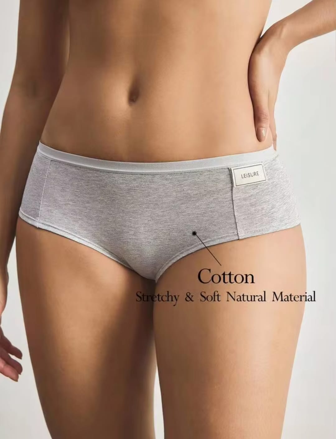 Women's Soft Cotton Stretch Heather Grey Hipster Panties with LEISURE Logo Patch